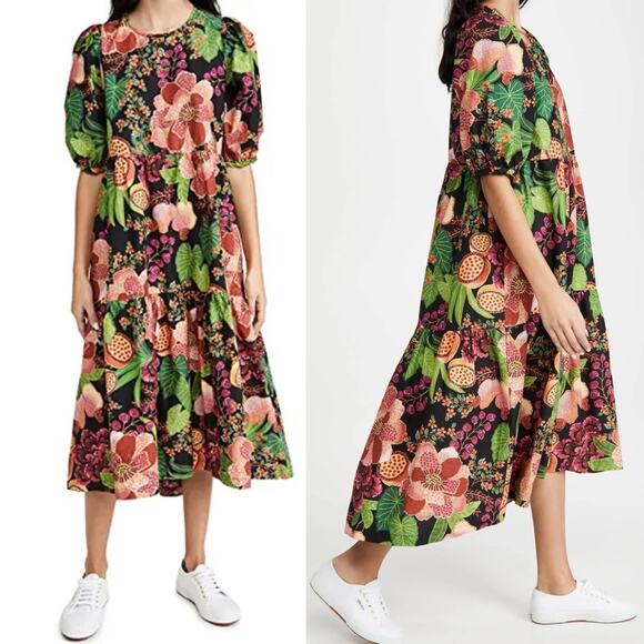 FARM Rio Black Fruit Floral Midi Dress in Multi S - Picture 7 of 8
